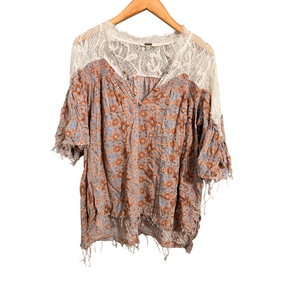 Gimmicks People Floral Lace Yoke Blouse Womens L Blue Orange Boho Distressed Top